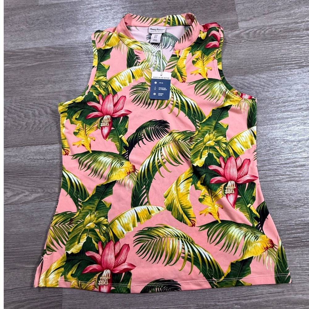 Tommy Bahama Everyday Active Pink Tropical Palm Sleeveless Top UPF 50 Small